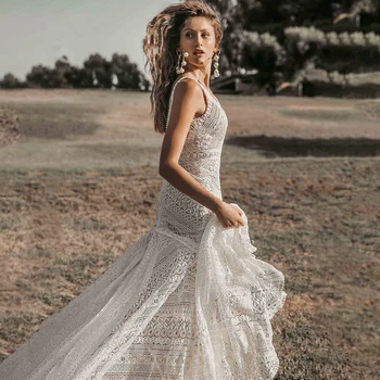 10993 #V-образно деколте Русалка впечатлява със своя Бохемски стил Бохо Реколта Vestido De Noiva стрелка с форма на Струята Без Ръкави Дантелено Сватбена Рокля с отворен Гръб Сватбена рокля