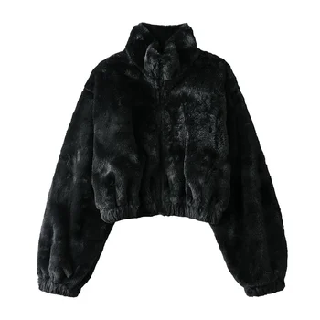 ICCLEK, свободно палто от изкуствена кожа, дамски есенно-зимни удебелена къс яке с цип с полувысоким яка, топло топ