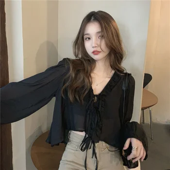 ILARES Корейски Дрехи Y2k Модни Дамски Блузи 2022 Бял Топ Лятна Дамска Блуза, Риза Жена С Дълъг Ръкав Реколта