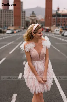 Smileven 2021 Най-новото Светло Розово Кратко Мини-рокля За Абитуриентски бал С Пластове Буйни Коктейльными Рокли От тюл, Секси Вечерна Рокля с отворен гръб