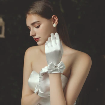 WG016 Нежна Сватба Къси Ръкавици За Младоженци на Китката, Сатен, Лък с Перлата на Пръст, Бели Ръкавици За шаферки