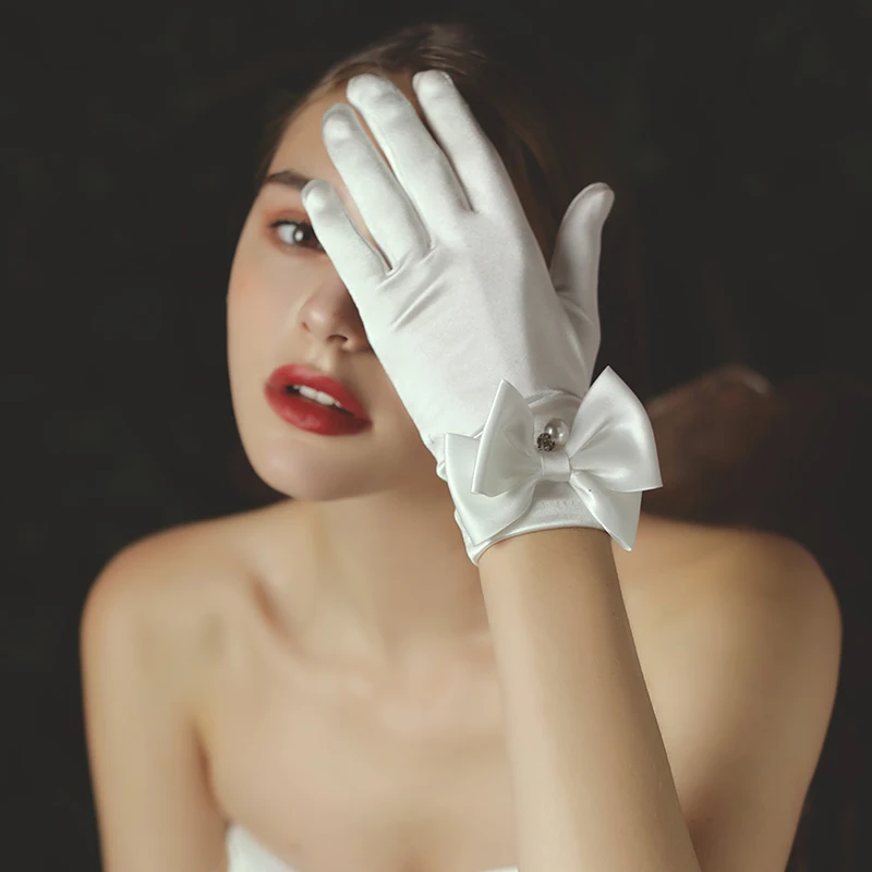 WG016 Нежна Сватба Къси Ръкавици За Младоженци на Китката, Сатен, Лък с Перлата на Пръст, Бели Ръкавици За шаферки Изображение 2