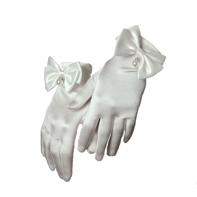 WG016 Нежна Сватба Къси Ръкавици За Младоженци на Китката, Сатен, Лък с Перлата на Пръст, Бели Ръкавици За шаферки Изображение 4