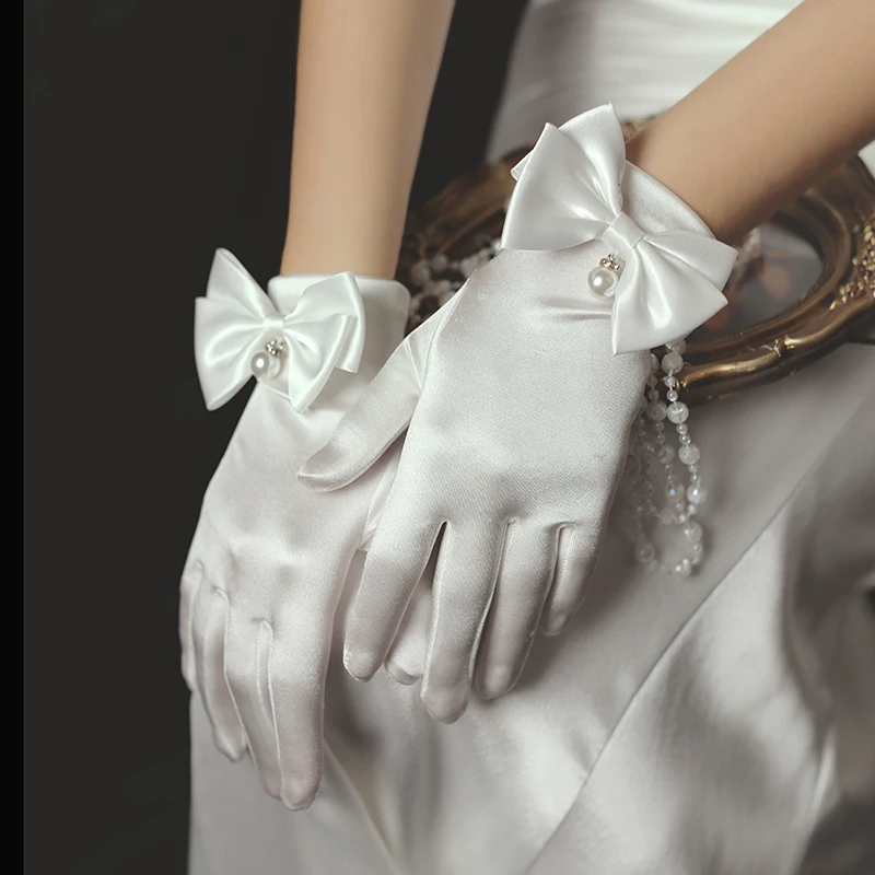 WG016 Нежна Сватба Къси Ръкавици За Младоженци на Китката, Сатен, Лък с Перлата на Пръст, Бели Ръкавици За шаферки Изображение 5