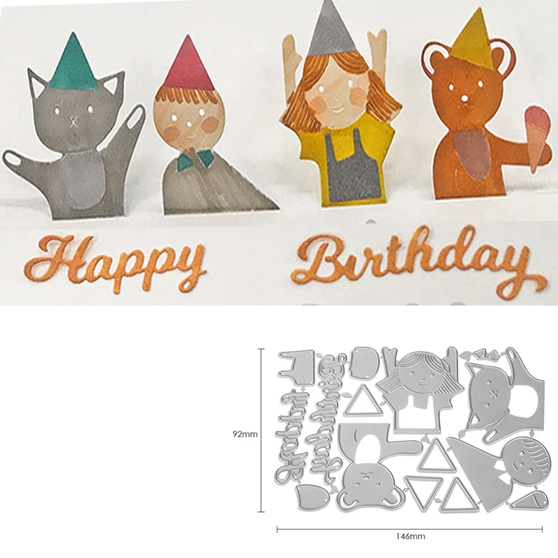 Честит Рожден Ден На Котката Дете Мечка Метални Режещи Удари Мухъл Албум За Изрезки Занаят Мухъл Шаблон За Релеф Хартиена Форма На Осъществяване На Нова Изображение 0
