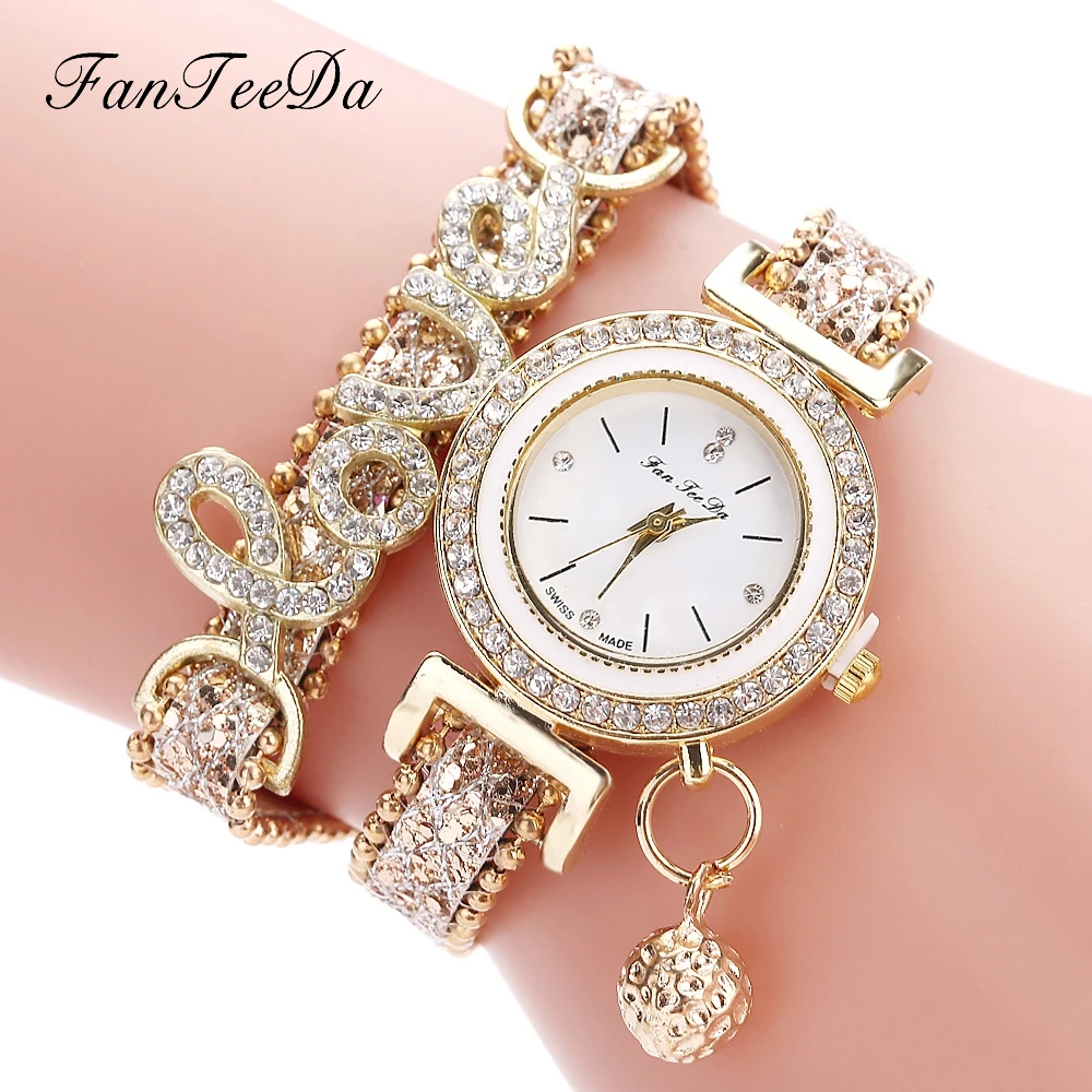 FanTeeDa Топ Марк Frauen Armband Uhren Damen Liebe Lederband Strass Quarz Armbanduhr Luxus Mode Quarz Uhr Изображение 0