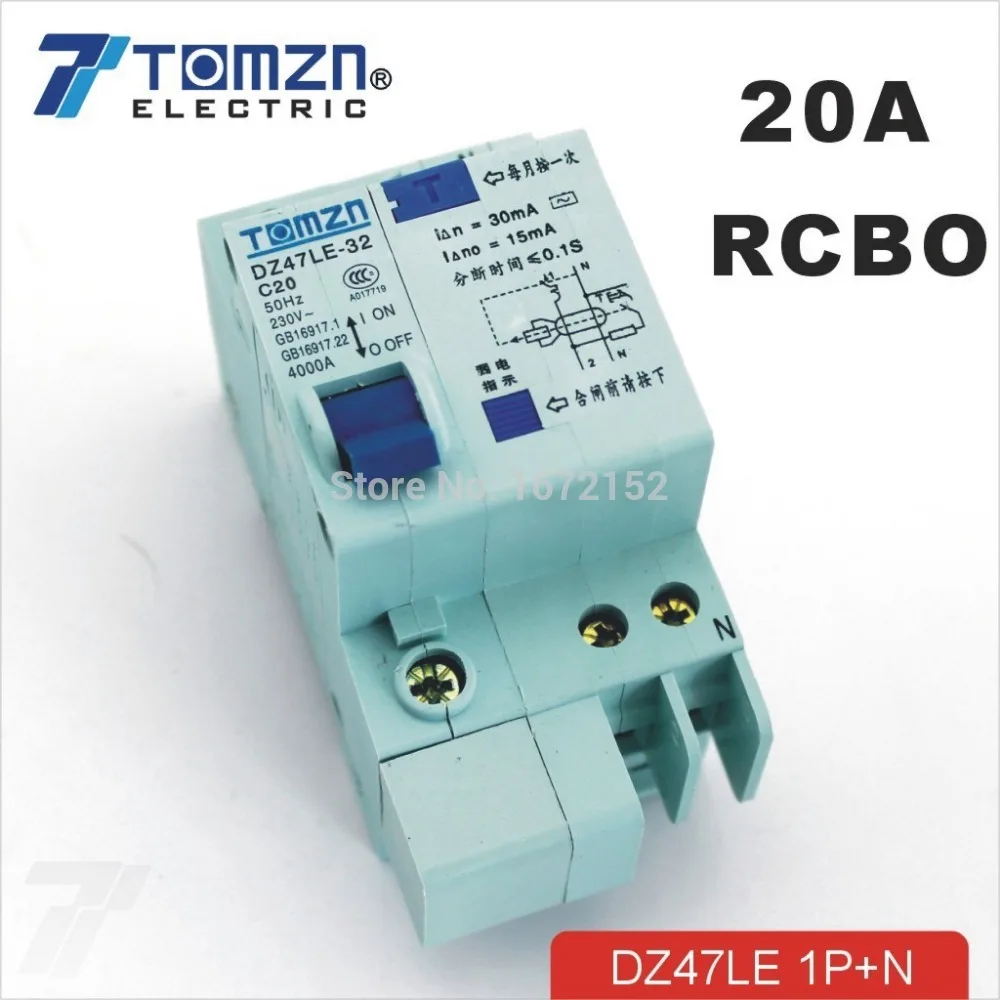 Автоматичен прекъсвач остатъчен ток DZ47LE 1P + N 20A 230V ~ 50 Hz/ 60 Hz със защита от претоварване работен ток и изтичане на RCBO Изображение 0