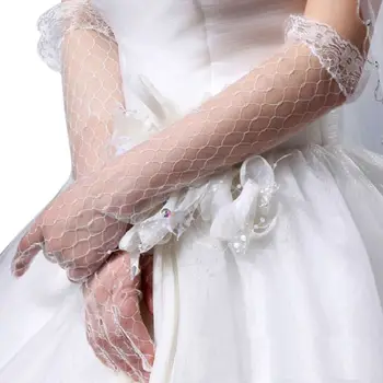 Дамски Бели Еластични Сватбени Дълги Ръкавици За Младоженци Дълги До Лакътя, С Ромбической Мрежа И Цветя, Завързана Тапицерия, Прозрачни За Бала