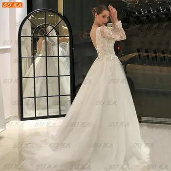 Елегантна Сватбена рокля с V образно деколте 2022 Бяла Сватбена рокля на Принцеса с Дълги Ръкави Trouwjurk Сватбени Рокли с Аппликацией От Тюл Дантела