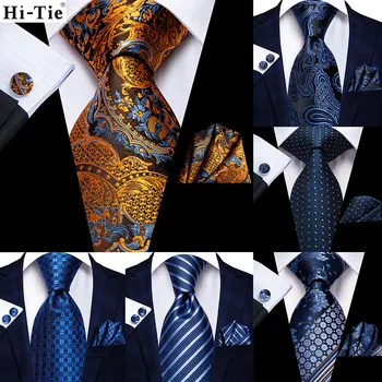 Златисто-Синьо Цвете 63-инчов Коприна Мъжки Удължен Вратовръзка за Мъжете Тъкани Класически 160 см Мъжка Вратовръзка Джобен Квадратен Комплект копчета за ръкавели Hi-Тай