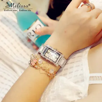 РАЗПРОДАЖБА!!! Отстъпка Мелиса Crystal Кристали Дама Дамски Часовници Япония Mov't Модни Часовници Керамични Гривна Подарък Кутия за Момичета
