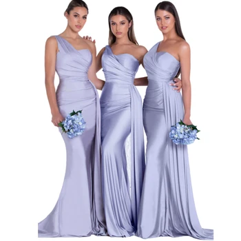 царско синьо шаферски рокли женски за сватба нови сатен с едно рамо секси рокли русалка para bodas mujer invitada един chic